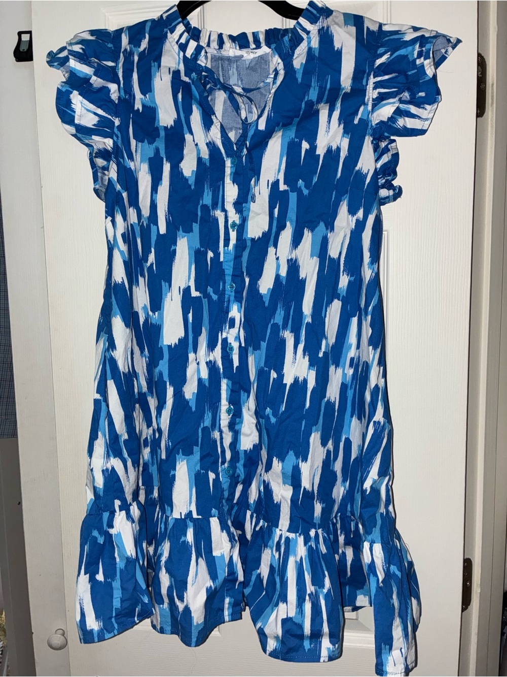 Blue and White Brushstroke Mini Dress with Ruffle Hem
